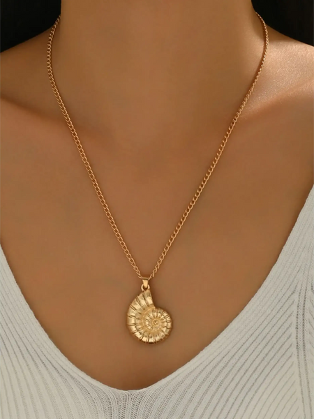 18K gold shell pendant necklace by Trendsi worn around neck with delicate chain and spiral shell charm
