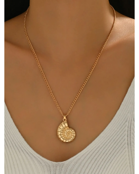 18K gold shell pendant necklace by Trendsi worn around neck with delicate chain and spiral shell charm