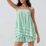 Trendsi green striped smocked cami and shorts set with adjustable straps and relaxed fit