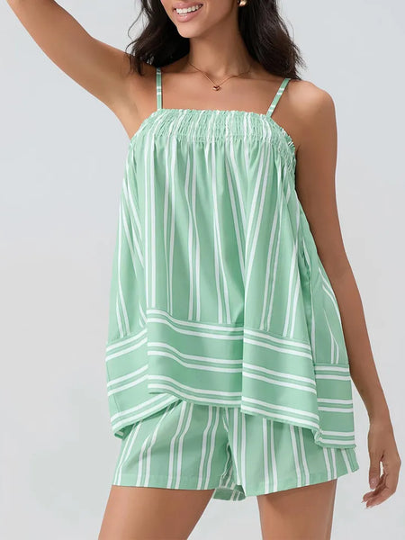 Trendsi green striped smocked cami and shorts set with adjustable straps and relaxed fit