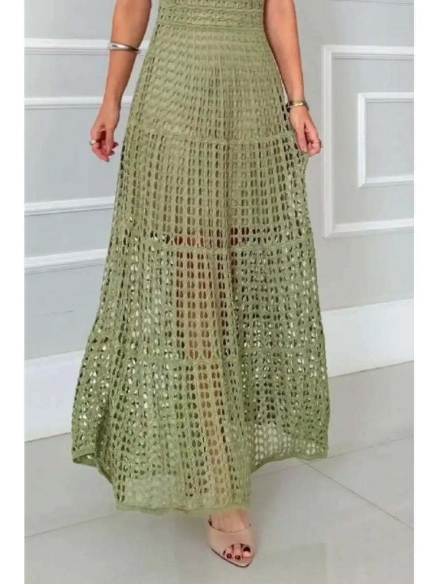 Trendsi 2025 Cruise Wear crochet maxi dress for women in light green with open weave design