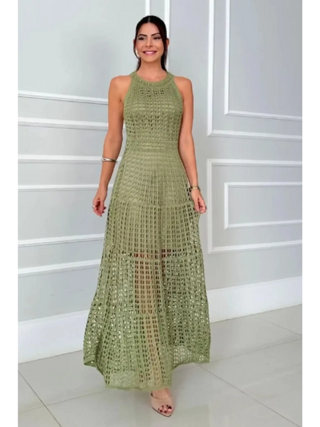 2025 Cruise Wear crochet maxi dress for women in olive green by Trendsi with sleeveless design