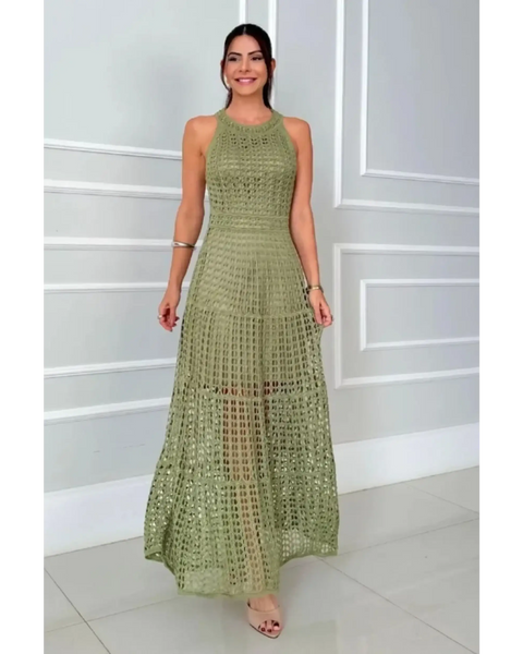 2025 Cruise Wear crochet maxi dress for women in olive green by Trendsi with sleeveless design