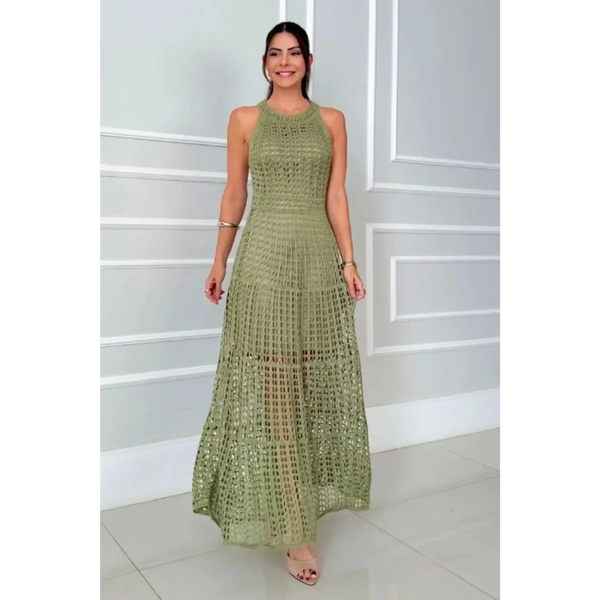 2025 Cruise Wear crochet maxi dress for women in olive green by Trendsi with sleeveless design