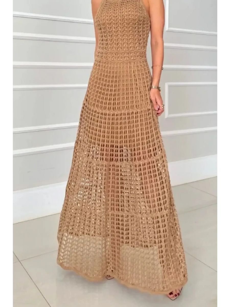 Trendsi 2025 Cruise Wear crochet maxi dress for women in beige with sleeveless design and intricate pattern