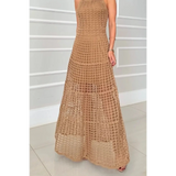 Trendsi 2025 Cruise Wear crochet maxi dress for women in beige with sleeveless design and intricate pattern