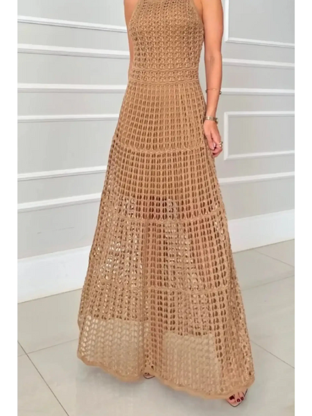 Trendsi 2025 Cruise Wear crochet maxi dress for women in beige with sleeveless design and intricate pattern