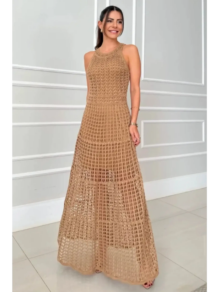 2025 Cruise Wear crochet maxi dress for women by Trendsi featuring sleeveless design and intricate knit pattern