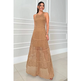 2025 Cruise Wear crochet maxi dress for women by Trendsi featuring sleeveless design and intricate knit pattern
