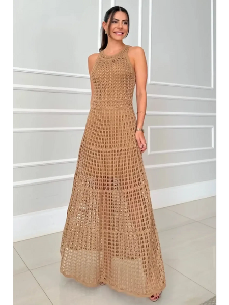 2025 Cruise Wear crochet maxi dress for women by Trendsi featuring sleeveless design and intricate knit pattern