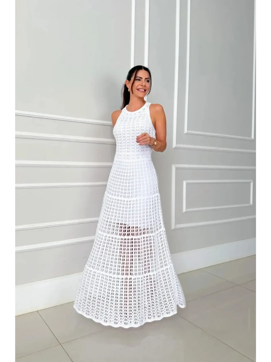 2025 Cruise Wear crochet maxi dress for women by Trendsi in white sleeveless design