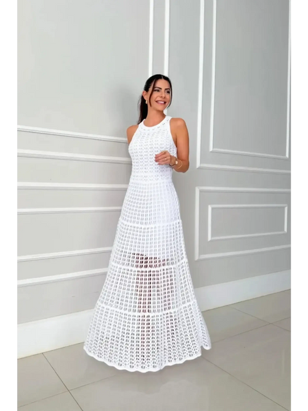 2025 Cruise Wear crochet maxi dress for women by Trendsi in white sleeveless design