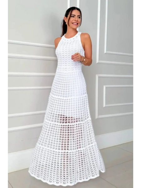 White 2025 Cruise Wear crochet maxi dress for women by Trendsi featuring sleeveless design and intricate crochet pattern