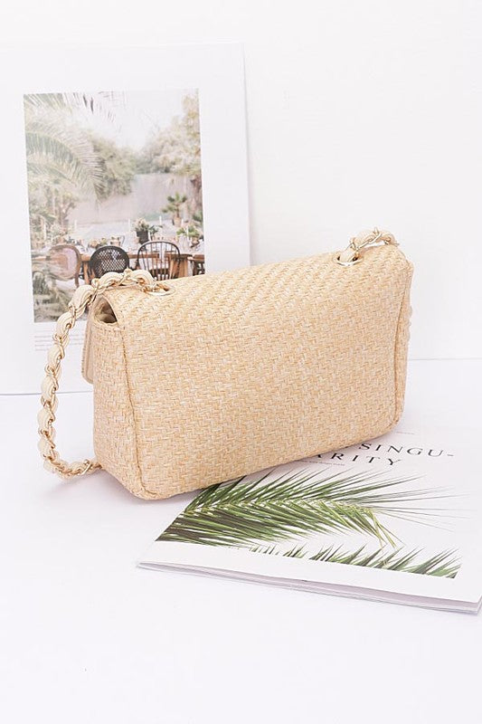 Babe Beachwear Casual Flap Bag in woven beige material with gold chain strap on white background