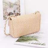 Babe Beachwear Casual Flap Bag in woven beige material with gold chain strap on white background
