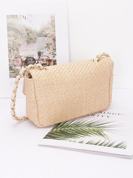Babe Beachwear Casual Flap Bag in woven beige material with gold chain strap on white background