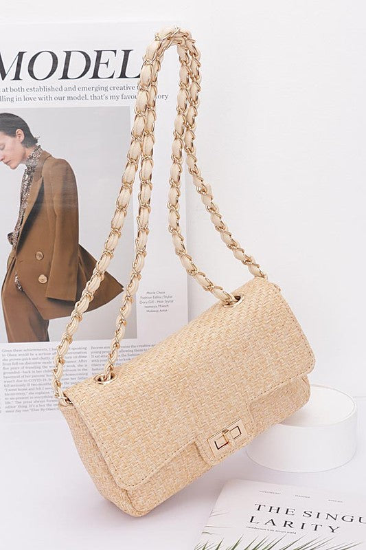 Babe Beachwear beige woven Casual Flap Bag with chain strap and gold-tone clasp