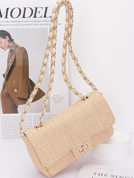 Babe Beachwear beige woven Casual Flap Bag with chain strap and gold-tone clasp