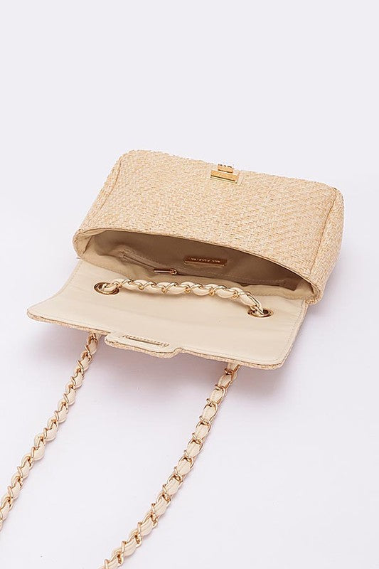 Babe Beachwear Casual Flap Bag in beige with gold chain strap and open flap showing interior