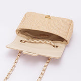 Babe Beachwear Casual Flap Bag in beige with gold chain strap and open flap showing interior