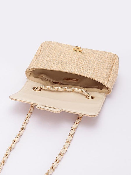 Babe Beachwear Casual Flap Bag in beige with gold chain strap and open flap showing interior