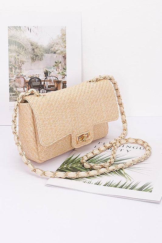 Babe Beachwear Casual Flap Bag woven straw texture with gold chain strap and clasp closure