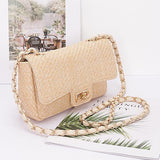Babe Beachwear Casual Flap Bag woven straw texture with gold chain strap and clasp closure