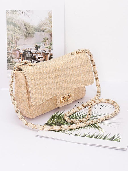 Babe Beachwear Casual Flap Bag woven straw texture with gold chain strap and clasp closure