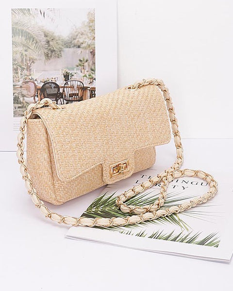 Babe Beachwear Casual Flap Bag woven straw texture with gold chain strap and clasp closure