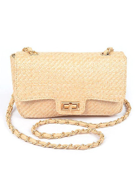 Babe Beachwaer beige woven Casual Flap Bag with gold chain strap and rectangular clasp