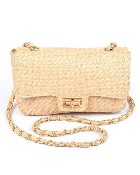 Babe Beachwaer beige woven Casual Flap Bag with gold chain strap and rectangular clasp