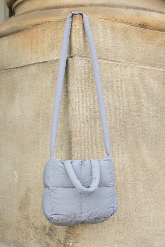 Babe Beachwaer Jacie Puffer Mini Tote in light gray with quilted padded design and long shoulder strap