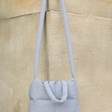 Babe Beachwaer Jacie Puffer Mini Tote in light gray with quilted padded design and long shoulder strap