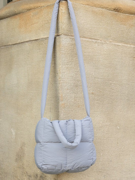 Babe Beachwaer Jacie Puffer Mini Tote in light gray with quilted padded design and long shoulder strap
