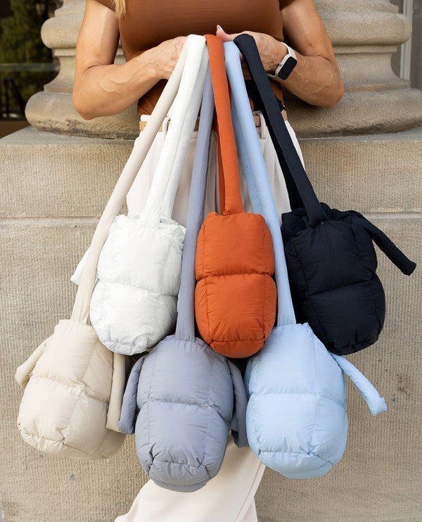 Babe Beachwear Jacie Puffer Mini Tote bags in multiple colors including white, orange, black, gray, and blue