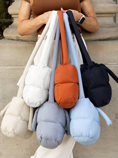 Babe Beachwear Jacie Puffer Mini Tote bags in multiple colors including white, orange, black, gray, and blue