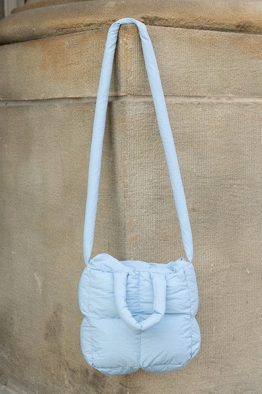 Babe Beachwear Jacie Puffer Mini Tote in light blue with long padded strap and quilted design