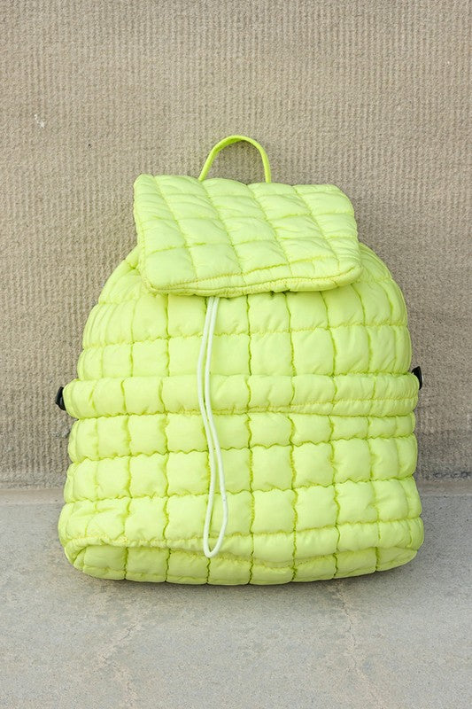 Babe Beachwear Puffer Backpack Lightweight in bright yellow with quilted design and drawstring closure