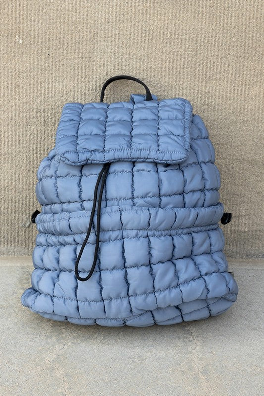 Babe Beachwear Puffer Backpack Lightweight in soft blue with quilted design and drawstring closure