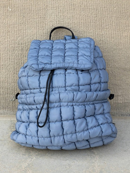 Babe Beachwear Puffer Backpack Lightweight in soft blue with quilted design and drawstring closure