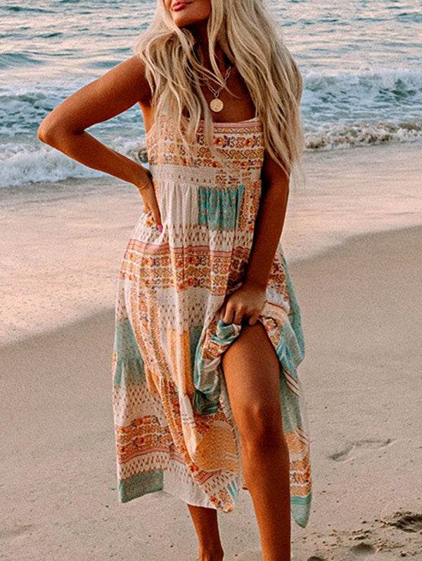 Boho Patchwork Square Neck Sundress - Resort Wear Delight - Beach Babes Beachwear - Fort Lauderdale
