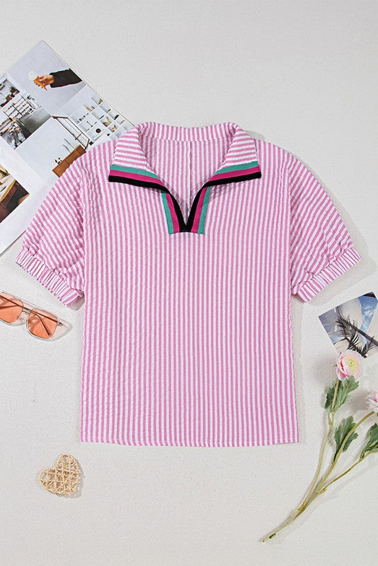 Pink Striped V-Neck Dolman Blouse | Beach Wear - Beach Babes Beachwear - Fort Lauderdale