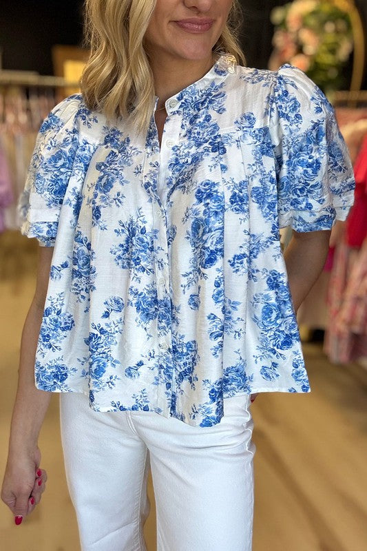 Sky Blue Floral Puff Sleeve Shirt - Perfect Resort Wear - Beach Babes Beachwear - Fort Lauderdale