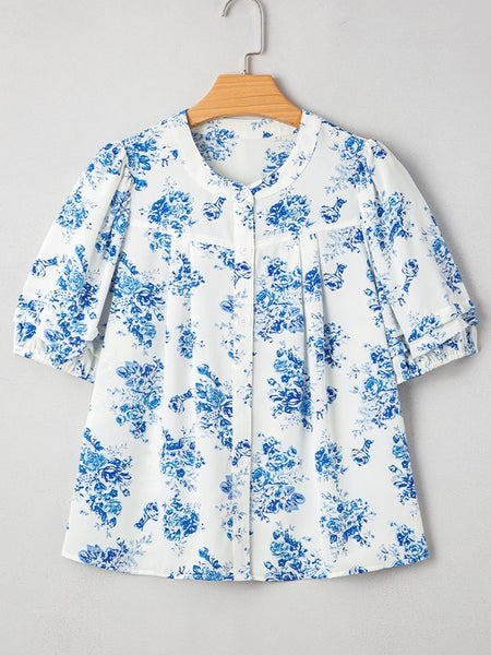 Sky Blue Floral Puff Sleeve Shirt - Perfect Resort Wear - Beach Babes Beachwear - Fort Lauderdale
