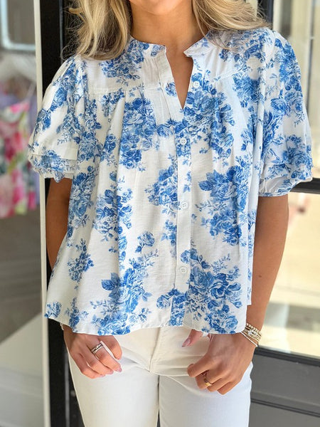 Sky Blue Floral Puff Sleeve Shirt - Perfect Resort Wear - Beach Babes Beachwear - Fort Lauderdale