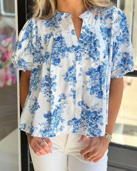 Sky Blue Floral Puff Sleeve Shirt - Perfect Resort Wear - Beach Babes Beachwear - Fort Lauderdale