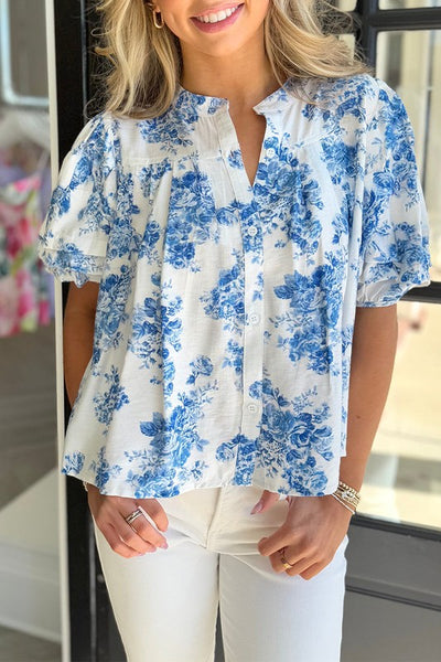 Sky Blue Floral Puff Sleeve Shirt - Perfect Resort Wear - Beach Babes Beachwear - Fort Lauderdale