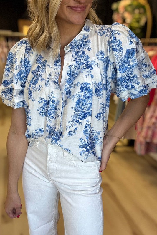 Sky Blue Floral Puff Sleeve Shirt - Perfect Resort Wear - Beach Babes Beachwear - Fort Lauderdale