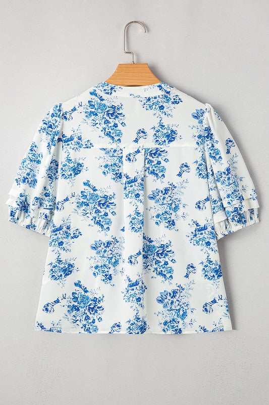 Sky Blue Floral Puff Sleeve Shirt - Perfect Resort Wear - Beach Babes Beachwear - Fort Lauderdale
