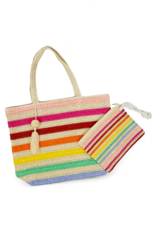 Artini Accessories large striped beach bag for women with colorful horizontal stripes and matching pouch